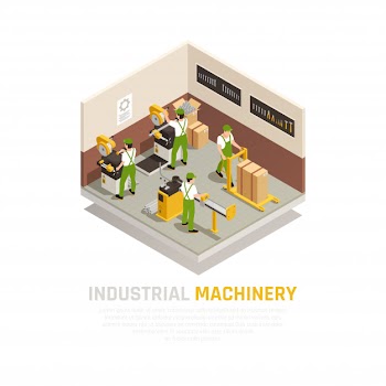 Industrial machinery isometric composition with factory workers symbols Free Vector