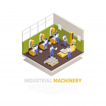 Industrial machinery isometric concept with factory manufacturing symbols Free Vector