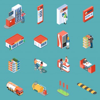 Infrastructure of gas station and services for clients isometric icons isolated vector illustration Free Vector