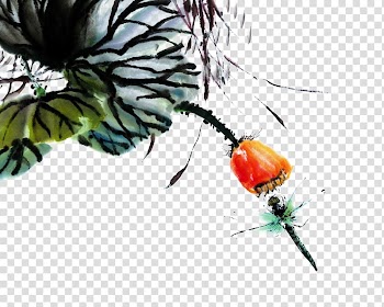 Ink wash painting Art, Hand painted dragonfly flower ink painting transparent background PNG clipart