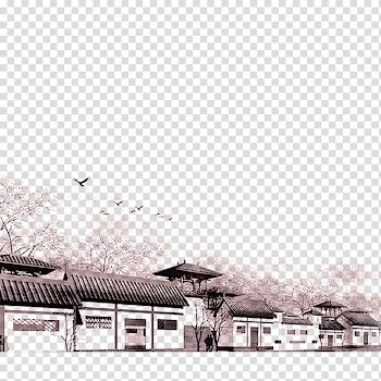 Ink wash painting Inkstick Watercolor painting, Old Town transparent background PNG clipart