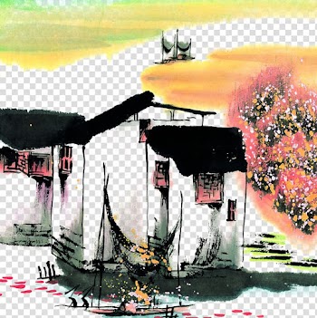 Ink wash painting, Water painting in Jiangnan Water Village transparent background PNG clipart