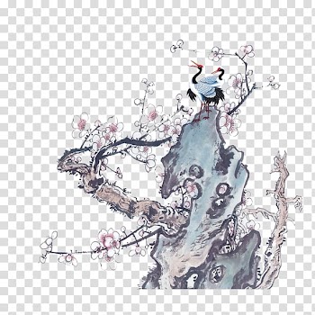 Ink Watercolor painting Chinese painting, Crane kicking plum transparent background PNG clipart