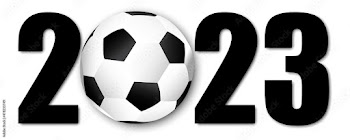 Inscription 2023 with soccer ball. Banner design. Sport concept. Logo art. Flat style. Vector illustration. Stock image. 