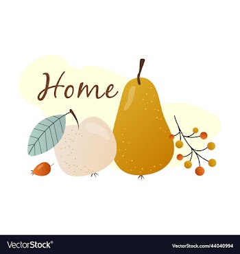inscription house and autumn fruits pear apple