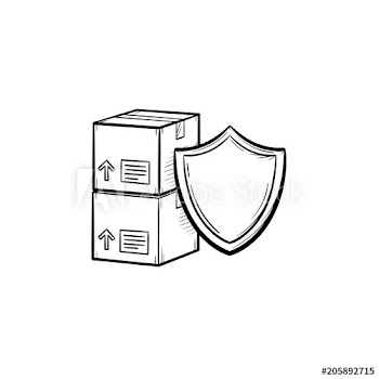 Insured cardboard boxes beyond the shield sign hand drawn outline doodle icon
