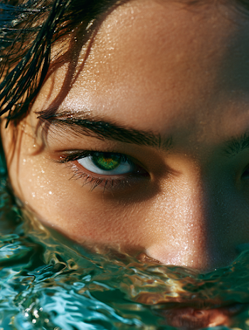Intense Gaze: Portrait of a Young Asian Woman Emerging from Water