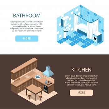 Interior design specialists online 2 isometric horizontal web banners with kitchen and bathroom organization ideas Free Vector