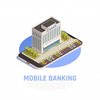 Internet online banking services isometric symbolic composition with financial head office edifice on mobile screen Free Vector