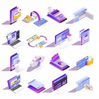 Internet online mobile banking services isometric icons collection with loading money onto card building credit Free Vector