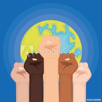 interracial hands fist with world planet earth