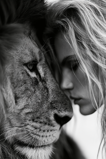 Intimate Connection: Woman and Lion in Harmony