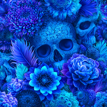 Intricate Blue Floral and Skull Seamless Pattern