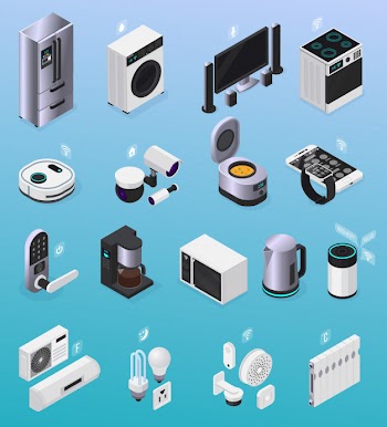Iot smart home remote controlled electronic devices isometric icons collection with refrigerator tv stove coffeemaker  illustration Free Vector