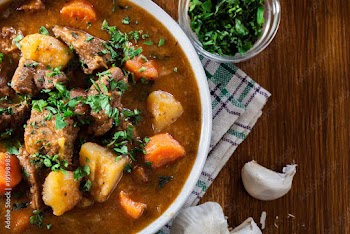 Irish stew made with beef, potatoes, carrots and herbs
