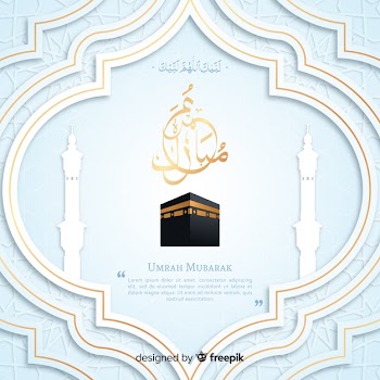 Islamic pilgrimage with arabic text and islamic ornaments Free Vector
