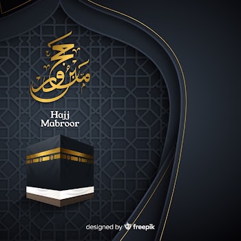 Islamic pilgrimage with text on black background Free Vector