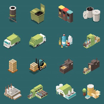 Isolated isometric garbage recycling icon set with separate recycle bag waste baskets and different factory  illustration Free Vector