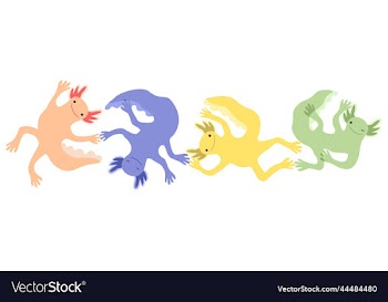 isolated of four colorful axolotls