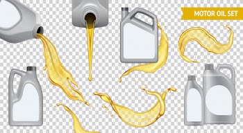 Isolated realistic motor oil transparent icon set jerrycan with yellow oil on transparent Free Vector