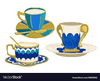 isolated set of cups blue golden and white