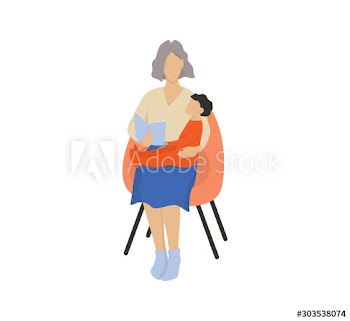 Isolated vector illustration of grandmother reading a book to her grandson