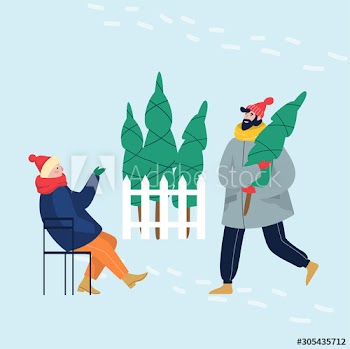 Isolated vector illustration of warmly dressed man with Christmas tree