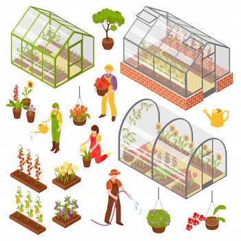 Isometric 3d greenhouse icon set Free Vector