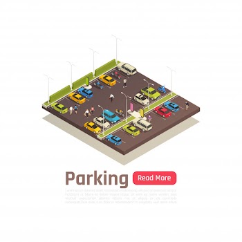 Isometric and isolated city composition banner with parking description and read more button vector illustration Free Vector