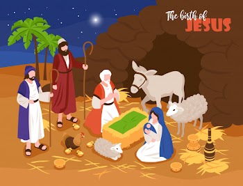 Isometric bible narratives christmas nativity concept banner composition with outdoor composition and human characters with sheeps Free Vector