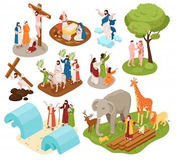 Isometric bible narratives set with ancient christian characters of noah with animals adam eve jesus christ Free Vector