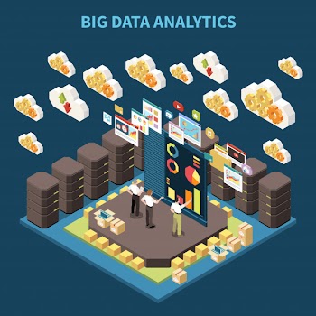 Isometric big data analytics composition with team on brainstorming and data clouds in the air  illustration Free Vector