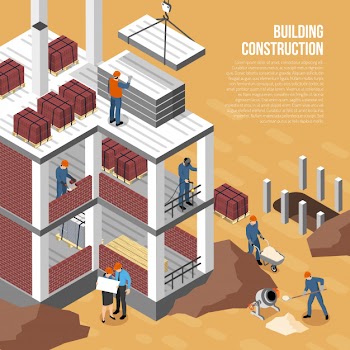 Isometric builder architect composition with images of building under construction human characters and editable text vector illustration Free Vector