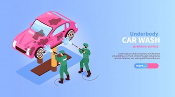 Isometric car washing services horizontal banner with characters of workers spraying car slider button and text vector illustration Free Vector