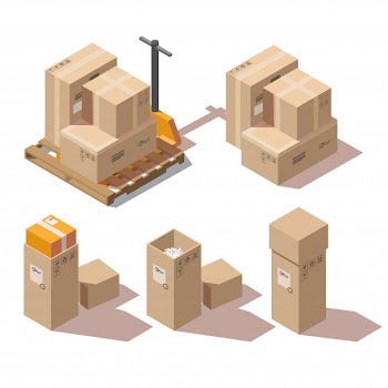 Isometric cardboard boxes and hand pallet truck Free Vector