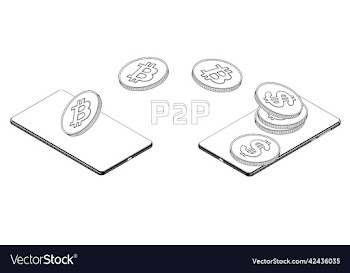 isometric cellphones and flying btc coins outline