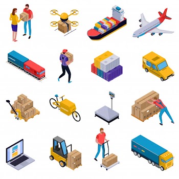 Isometric colorful set of icons with delivery transport loaders and couriers at work isolated on white Free Vector