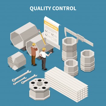 Isometric composition with metal industry products and workers doing quality control 3d vector illustration Free Vector