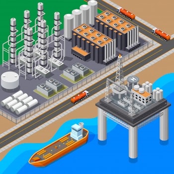 Isometric composition with oil refinery tanker and sea platform 3d vector illustration Free Vector