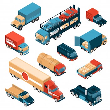 Isometric delivery trucks set of isolated images with motor lorry cars and vehicles for different freights Free Vector