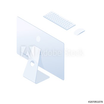 Isometric desktop computer with keyboard, mouse and back side screen in white body isolated on white background