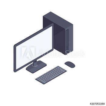 Isometric desktop computer with keyboard, mouse, system unit and blank display in black body isolated on white background