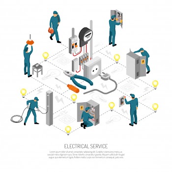 Isometric electrician people composition with linesmen doing various works vector illustration Free Vector