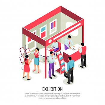 Isometric expo  composition with editable text and view of exhibition display with info stands racks Free Vector