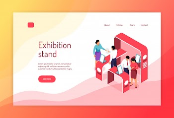 Isometric expo concept banner website page design with s of exhibit racks people and clickable links Free Vector