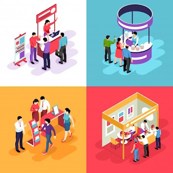 Isometric expo design concept with s of exhibit stands and people characters looking into exhibition booths Free Vector