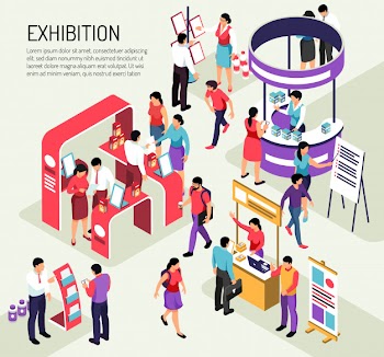 Isometric expo exhibition composition  with editable text description and colourful exhibit stands crowded with people Free Vector