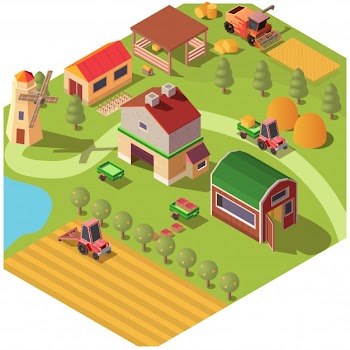 Isometric farm or ranch yard with outbuildings Free Vector