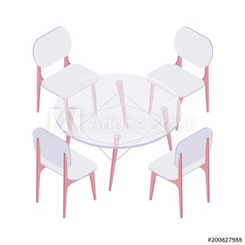 Isometric four plastic chairs and transparent round table isolated on white background
