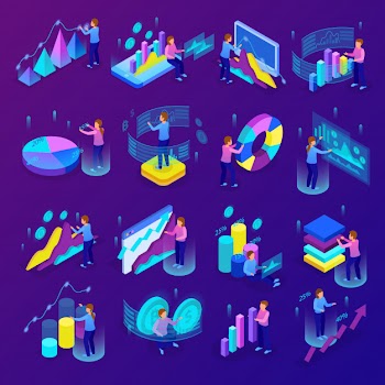 Isometric glowing business analytics icons set with people making various graphs and diagrams 3d isolated vector illustration Free Vector